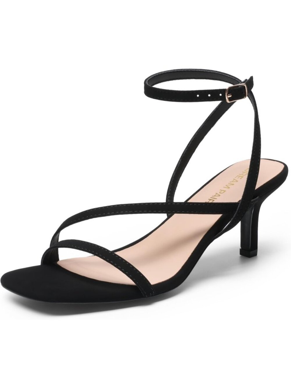 Women's Black Faux Leather Low Kitten Heels Open Square Toe Ankle Strap Sandals